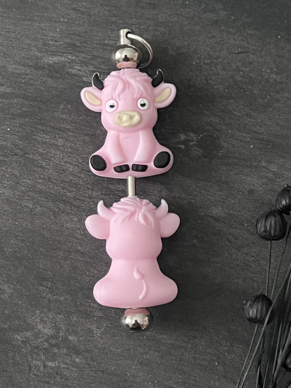 Maschen-/Nadel-Stopper - 1 Set mit 2 Stoppern - Kuh rosa